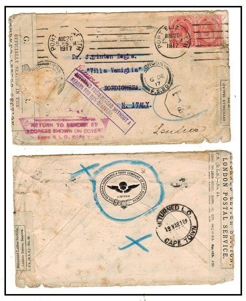 SOUTH AFRICA - 1917 2d rate underpaid cover to Italy struck RETURNED FROM ABROAD WITHOUT REASON h/s.