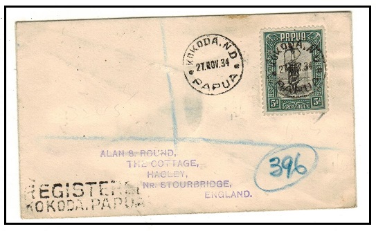 PAPUA - 1934 5d rate registered cover to UK used at KOKODA N.D./PAPUA.
