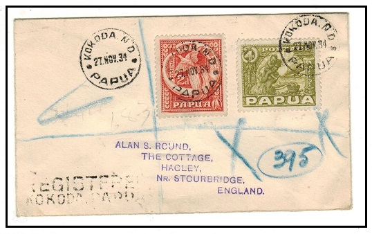 PAPUA - 1934 6d rate registered cover to UK used at KOKODA N.D./PAPUA.