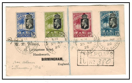 GAMBIA - 1926 multi franked registered cover to UK used at T.P.O. No.2/GAMBIA.