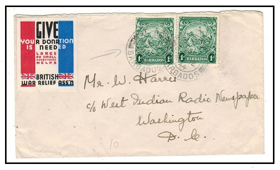 BARBADOS - 1944 2d rate cover to USA used at ST.PAULS with WAR RELIEF patriotic label applied.