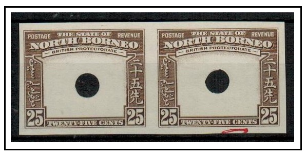 NORTH BORNEO - 1939 25c IMPERFORATE PLATE PROOF pair of the frame in chocolate.