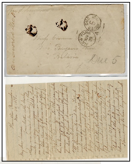 BERMUDA - 1875 unstamped cover with original contents to USA from Hamilton.