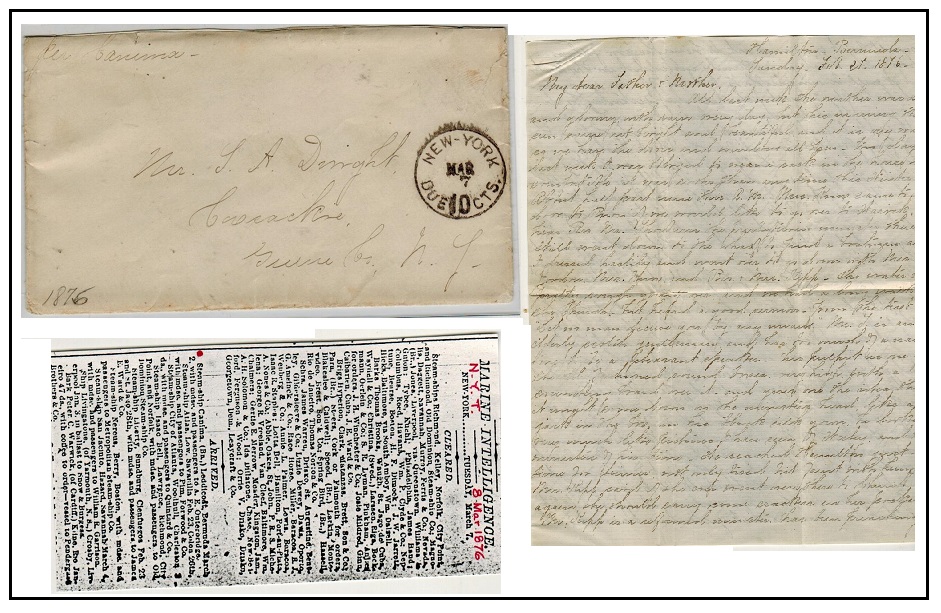 BERMUDA - 1876 stampless cover to USA with original contents from HAMILTON.
