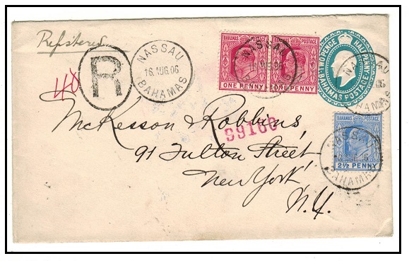 BAHAMAS - 1902 2 1/2d blue RPSE uprated to USA used at NASSAU.  H&G 7.