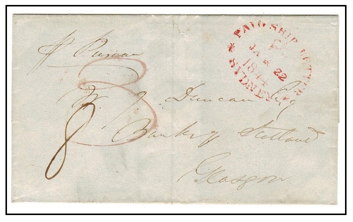 NEW SOUTH WALES - 1844 outer wrapper to UK struck by red PAID SHIP LETTER/SYDNEY h/s.