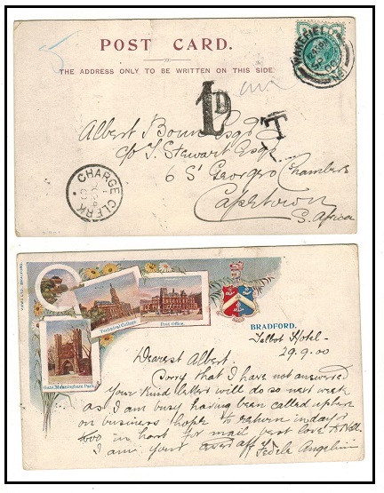 CAPE OF GOOD HOPE - 1900 inward underpaid postcard from UK with CHARGE CLERK cds applied.