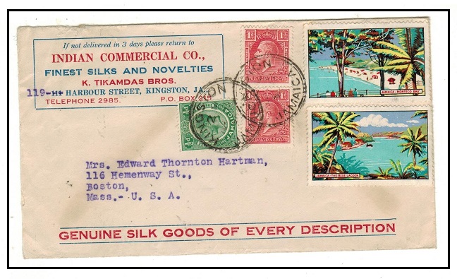 JAMAICA - 1936 commercial cover to USA with tourist promotion labels applied.