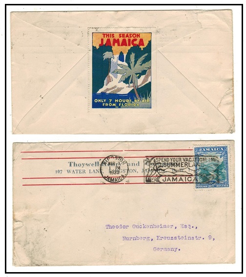 JAMAICA - 1933 2 1/2d rate cover to Germany with Jamaica tourist promotion label on reverse.