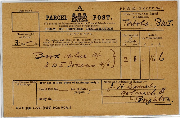 BRITISH VIRGIN ISLANDS - 1904 (circa) PARCEL POST label re books to Tortola.