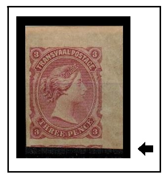 TRANSVAAL - 1878 3d (SG type 9) IMPERFORATE PLATE PROOF printed in dull rose on gummed paper.