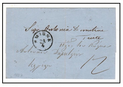 BRITISH LEVANT - 1857 stampless outer wrapper to Italy used at SMIRNE.