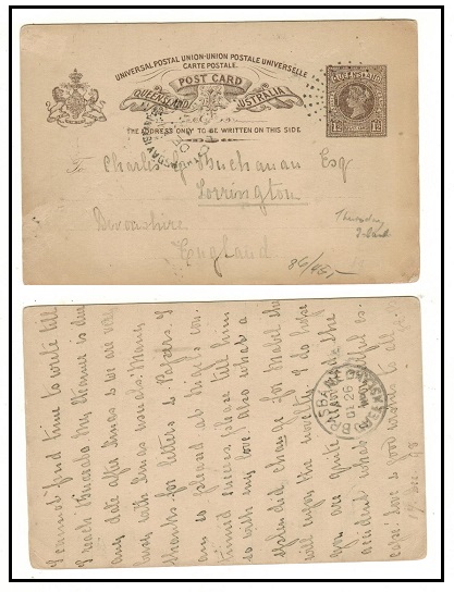 QUEENSLAND - 1891 1 1/2d chocolate PSC to UK used at THURSDAY ISLAND.  H&G 8.