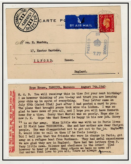 MOROCCO AGENCIES - 1940 2d rate censored postcard to UK used at TANGIER and sent via Lisbon.
