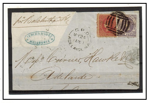 VICTORIA - 1861 (part front only) 6d rate local cover from Melbourne to Adelaide. 