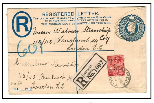 MALTA - 1923 3d blue RPSE (size G) uprated to UK used at COSPICUA.  H&G 6.