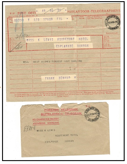 SOUTH AFRICA - 1944 use of TELEGRAM form with original envelope used at DURBAN.