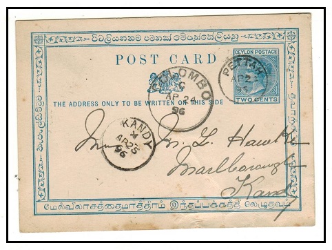 CEYLON - 1893 2c blue PSC to Kandy used at PETTAH.  H&G 30a.