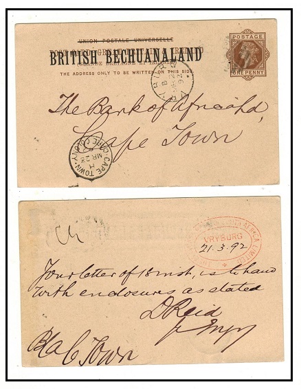 BECHUANALAND - 1888 1d brown PSC to Cape Town used at VRYBURG.  H&G 4.