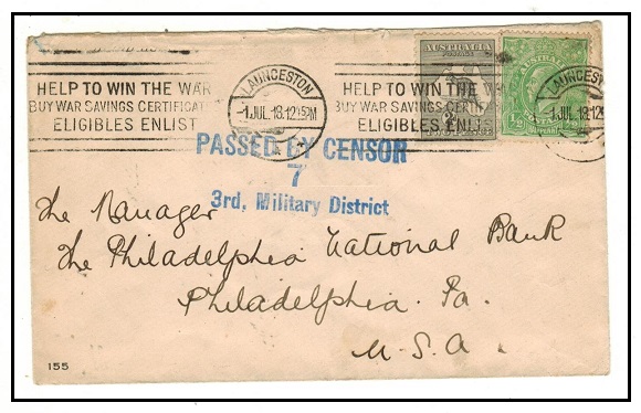 AUSTRALIA - 1919 2 1/2d rate PASSED BY CENSOR/7/3rd MILITARY DIV cover to USA used at LAUNCESTON.