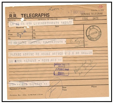 RHODESIA - 1966 use of railway telegram form used at R.R.BULAWAYO TELEGRAPHS.