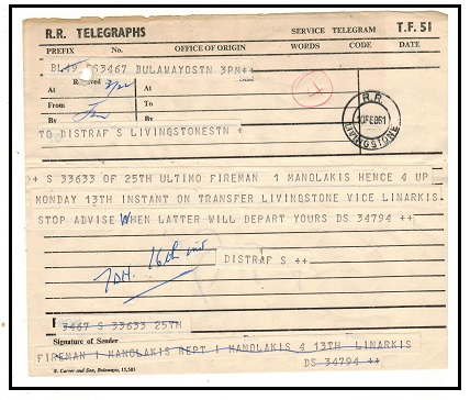 RHODESIA - 1961 use of railway telegram form used at R.R.LIVINGSTONE.