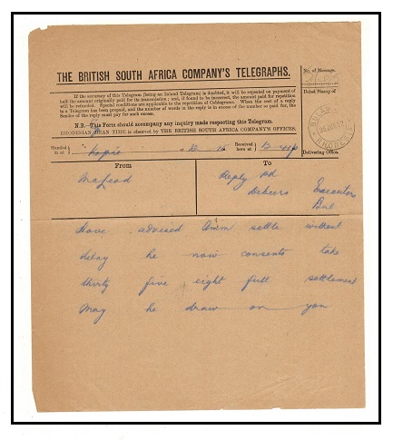 RHODESIA - 1902 use of telegram form used at BULAWAYO.