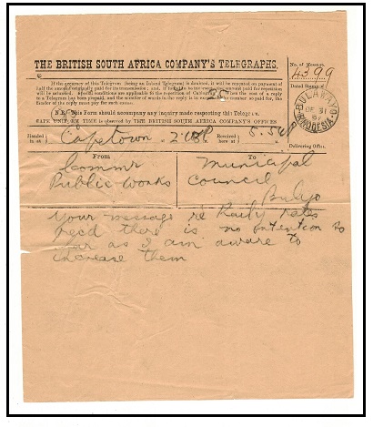 RHODESIA - 1897 use of telegram form used at BULAWAYO.