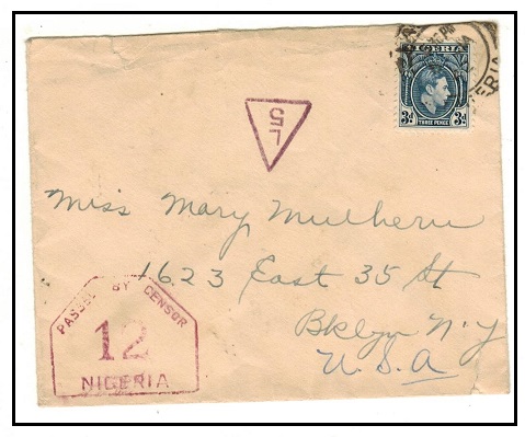 NIGERIA - 1942 3d rate double censored cover to USA used at LAGOS.