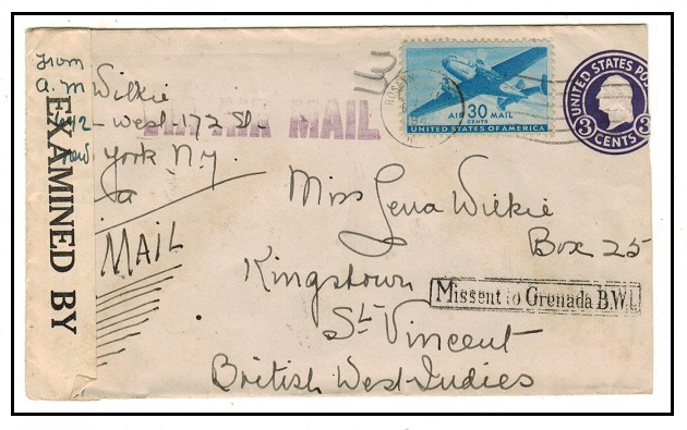 GRENADA - 1942 3c PSE of US to St.Vincent with scarce 