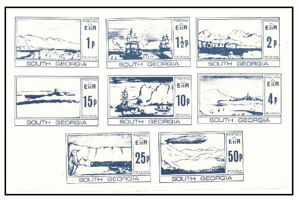 FALKLAND ISLANDS - 1980 (circa) 8 ESSAYS of islands scenes printed in blue on individual cards.