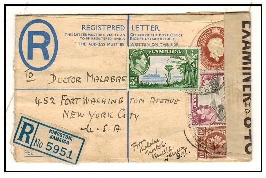 JAMAICA - 1940 (circa) 3d + 1 1 1/2d brown RPSE (size F) uprated to USA used at KINGSTON.  H&G 4.