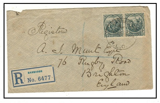 BARBADOS - 1922 4d rate registered cover to UK used at BARBADOS/RLO.