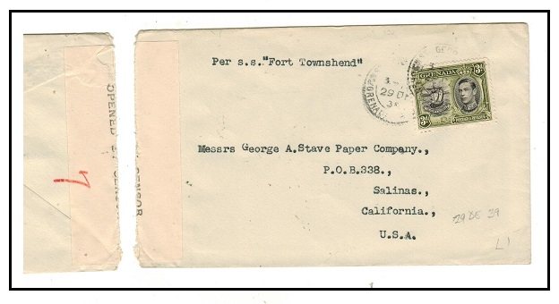 GRENADA - 1939 3d rate censor cover to USA.