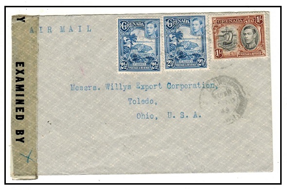 GRENADA - 1943 1/5d rate cover to USA censored on arrival.