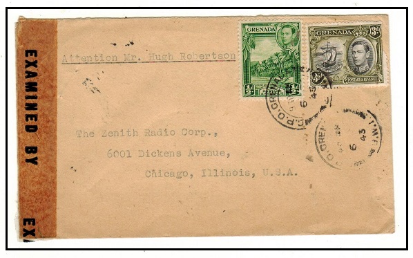 GRENADA - 1943 3 1/2d rate cover to USA censored on arrival.