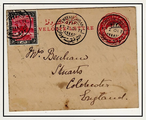 SUDAN - 1887 5m carmine postal stationery letter card uprated to UK used at TEWFEKIA.  H&G 1.