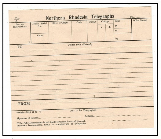 NORTHERN RHODESIA - 1947 TELEGRAPHS form unused.