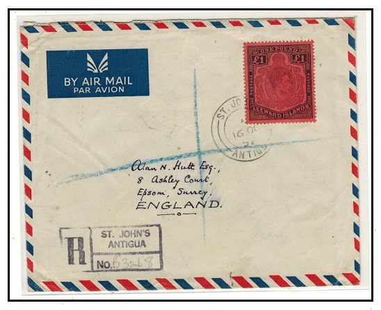 ANTIGUA - 1952 registered cover to UK with Leeward Island £1 