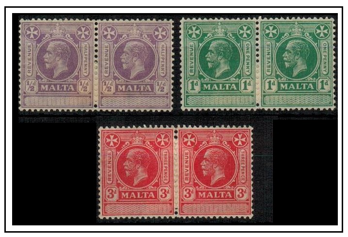 MALTA - 1925 1/2d, 1d and 3d REVENUES in mint pairs.