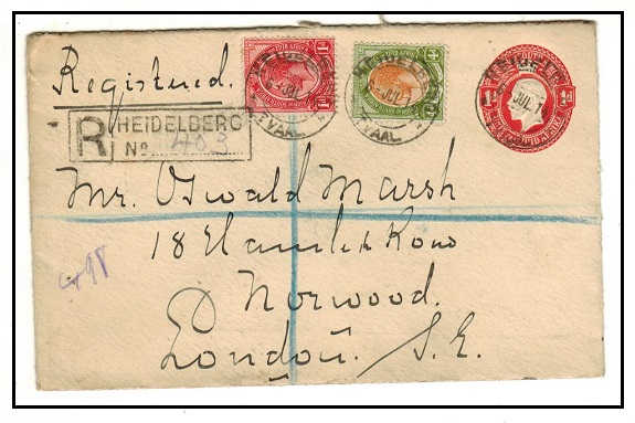 SOUTH AFRICA - 1913 1d red PSE uprated and registered to UK used at HEIDELBERG/NATAL. H&G 1a.