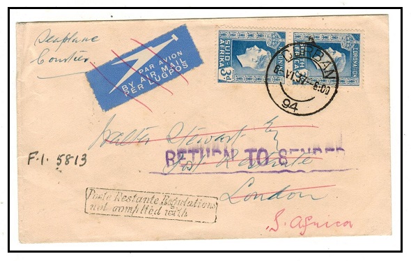SOUTH AFRICA - 1937 undelivered cover to UK with POSTE RESTANTE REGULATIONS/NOT COMPLIED WITH h/s.
