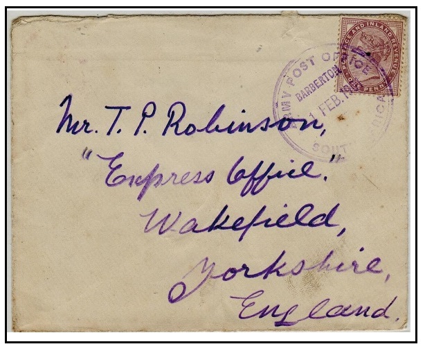 TRANSVAAL - 1901 1d rate cover to UK used at ARMY POST OFFICE BARBERTON.