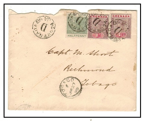 GRENADA - 1898 2 1/2d rate cover to Tobago with scarce GRENADA/D parish cancel of Grenville.