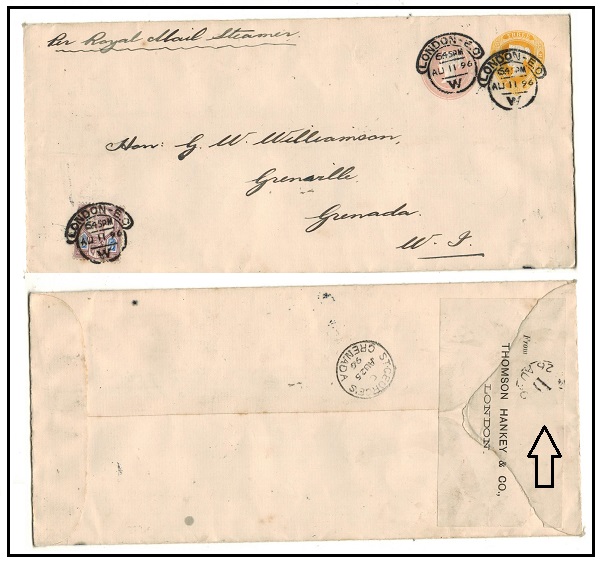 GRENADA - 1896 inward 1d + 1 1/2d compound PSE of GB with scarce GRENADA/D parish arrival b/s. 