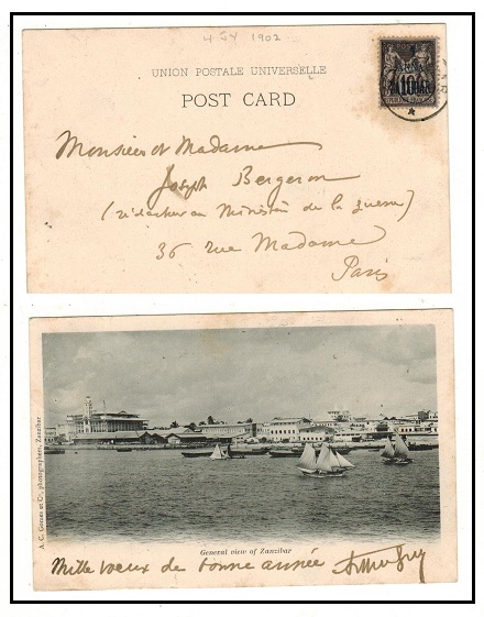 ZANZIBAR - 1902 1a on 10c rate postcard use to France used at ZANZIBAR.