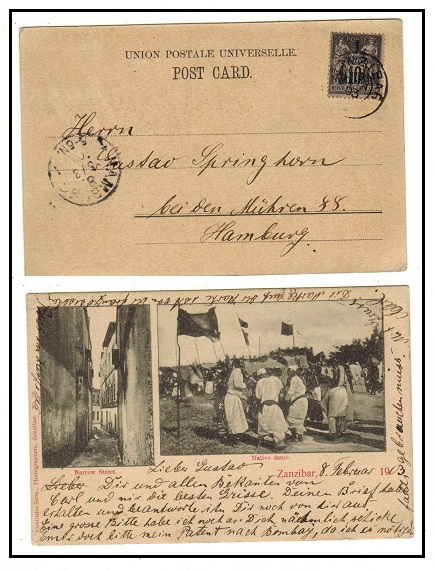 ZANZIBAR - 1902 1a on 10c rate postcard use to Germany used at ZANZIBAR.