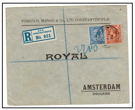 BRITISH LEVANT - 1920 4 1/2d rate registered cover to Holland used at BRITISH APO/CONSTANTINOPLE.