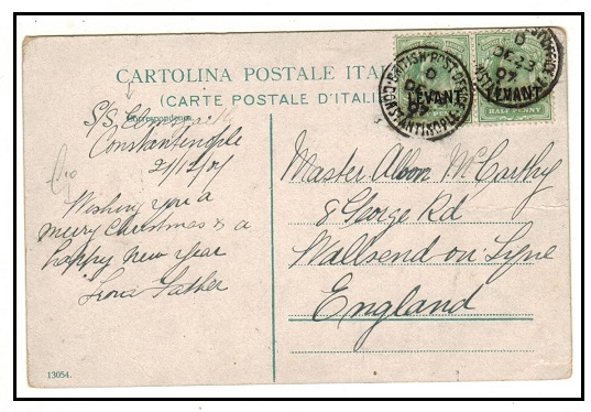 BRITISH LEVANT - 1907 1d rate postcard to UK used at BPO CONSTANTINOPLE.