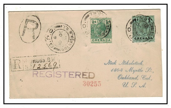 GRENADA - 1921 1/- + 1/2d registered cover to USA.